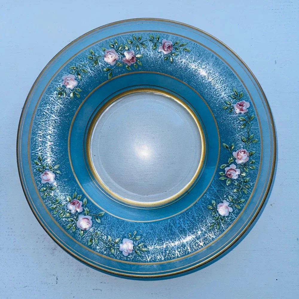 Vintage Blue Glass Plate Pink Rose Floral Hand Painted Gold Trim Lattice Rim